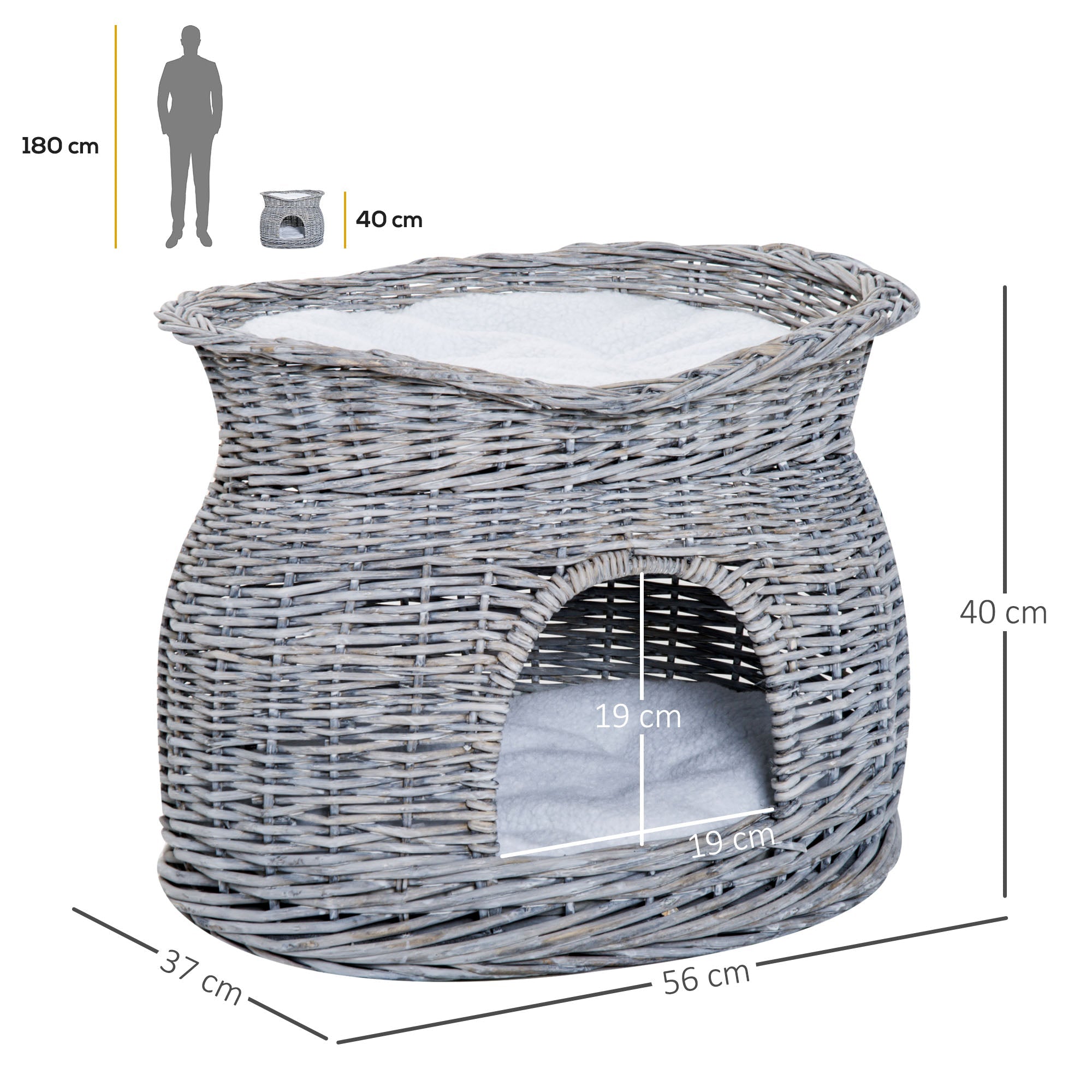 2-Tier Wicker Cat House Elevated Pet Bed Basket Willow Kitten Tower Pet Den. with Washable Cushions 56x37x40cm Grey-2