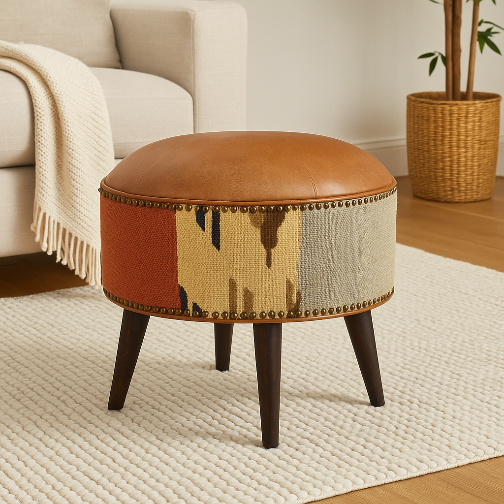 Durrie & Leather Mixed Footstool