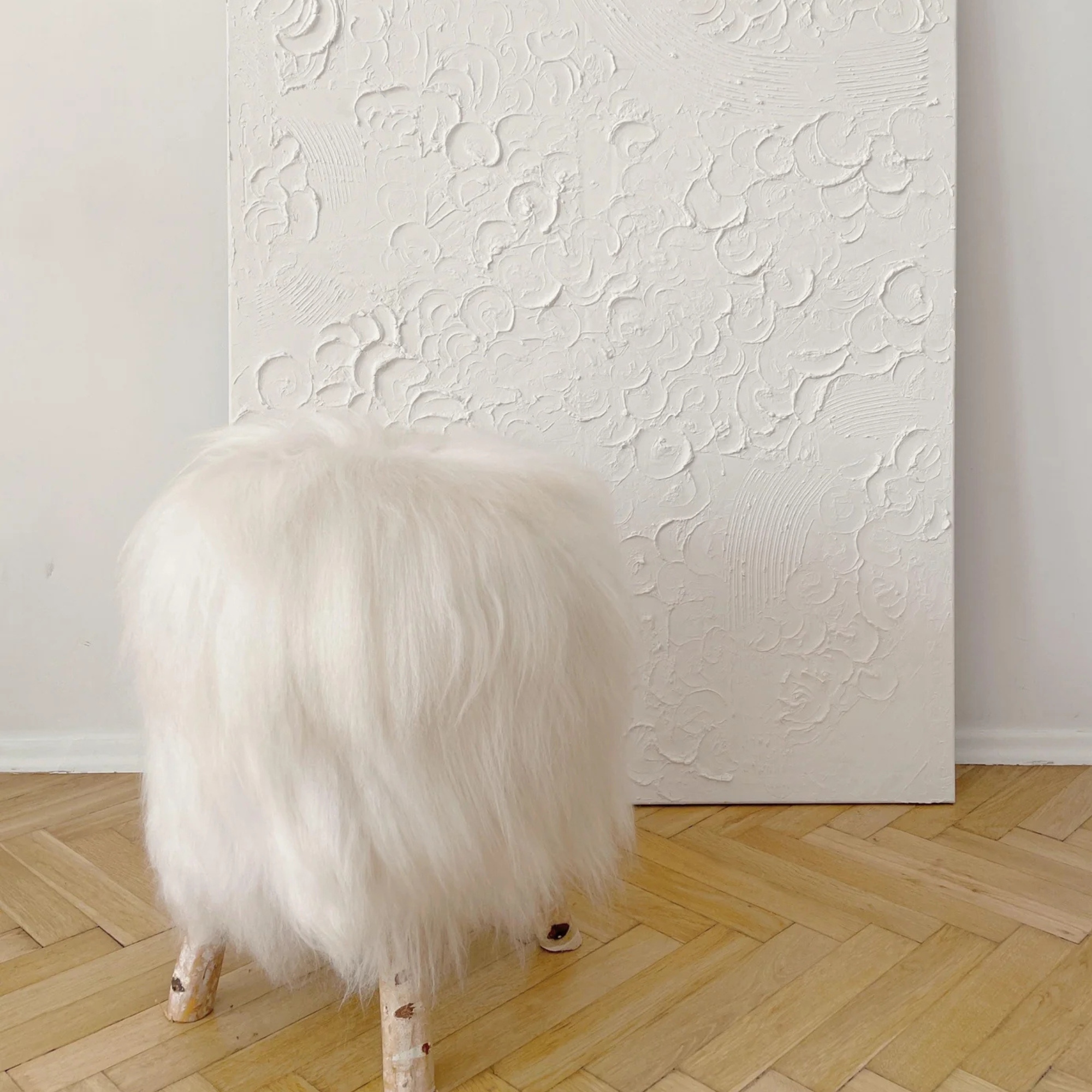 Wooden Natural Sheepskin Stool