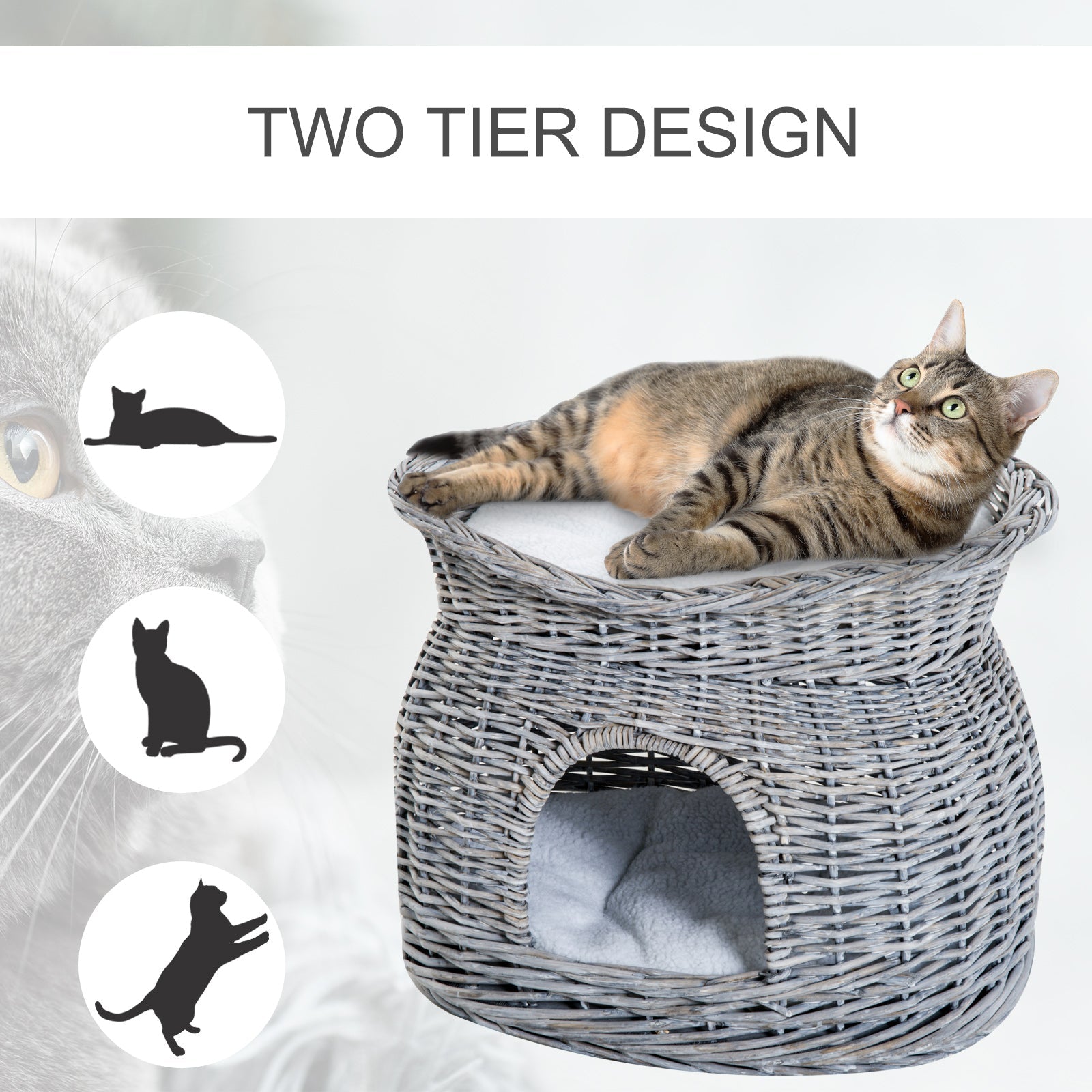 2-Tier Wicker Cat House Elevated Pet Bed Basket Willow Kitten Tower Pet Den. with Washable Cushions 56x37x40cm Grey-4
