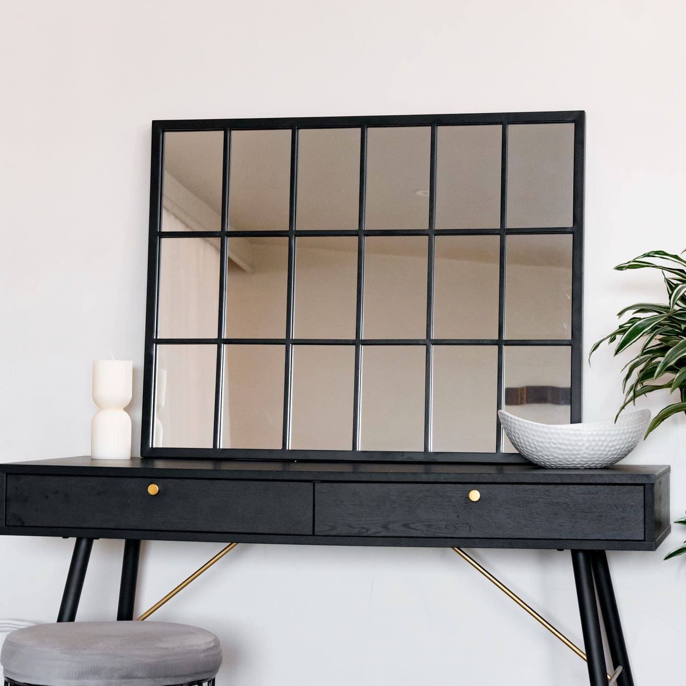 Kyō - Black Metal Rectangle Lattice Window Mirror - 90cm x 70cm-0