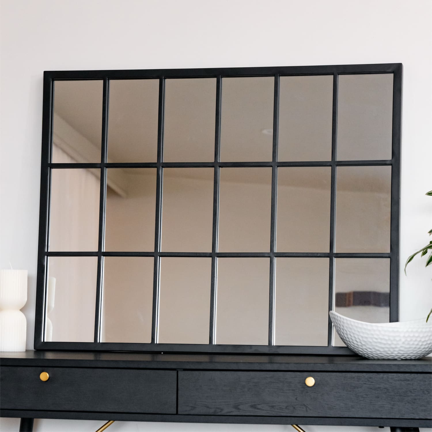 Kyō - Black Metal Rectangle Lattice Window Mirror - 90cm x 70cm-1