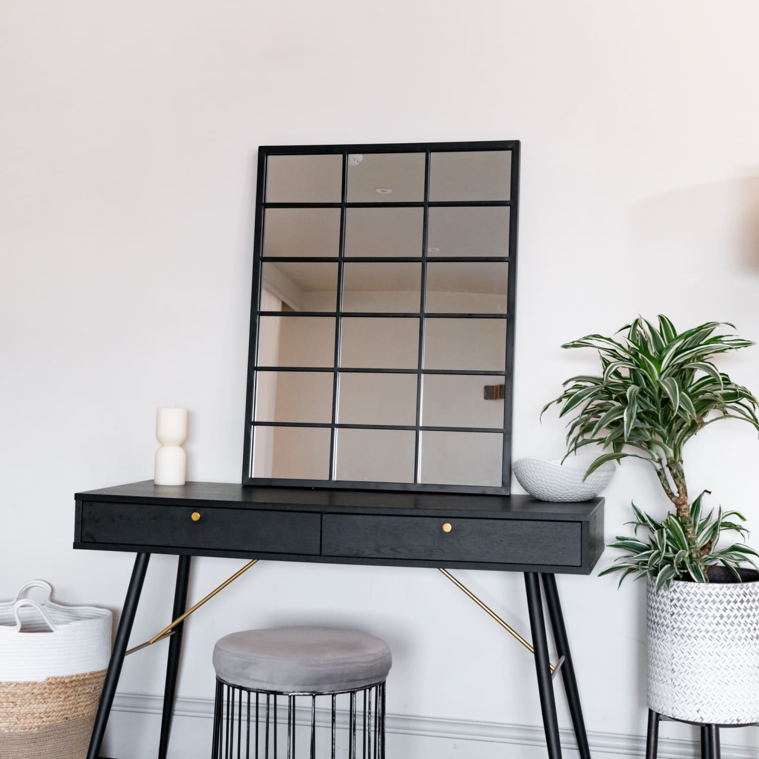 Kyō - Black Metal Rectangle Lattice Window Mirror - 90cm x 70cm-4