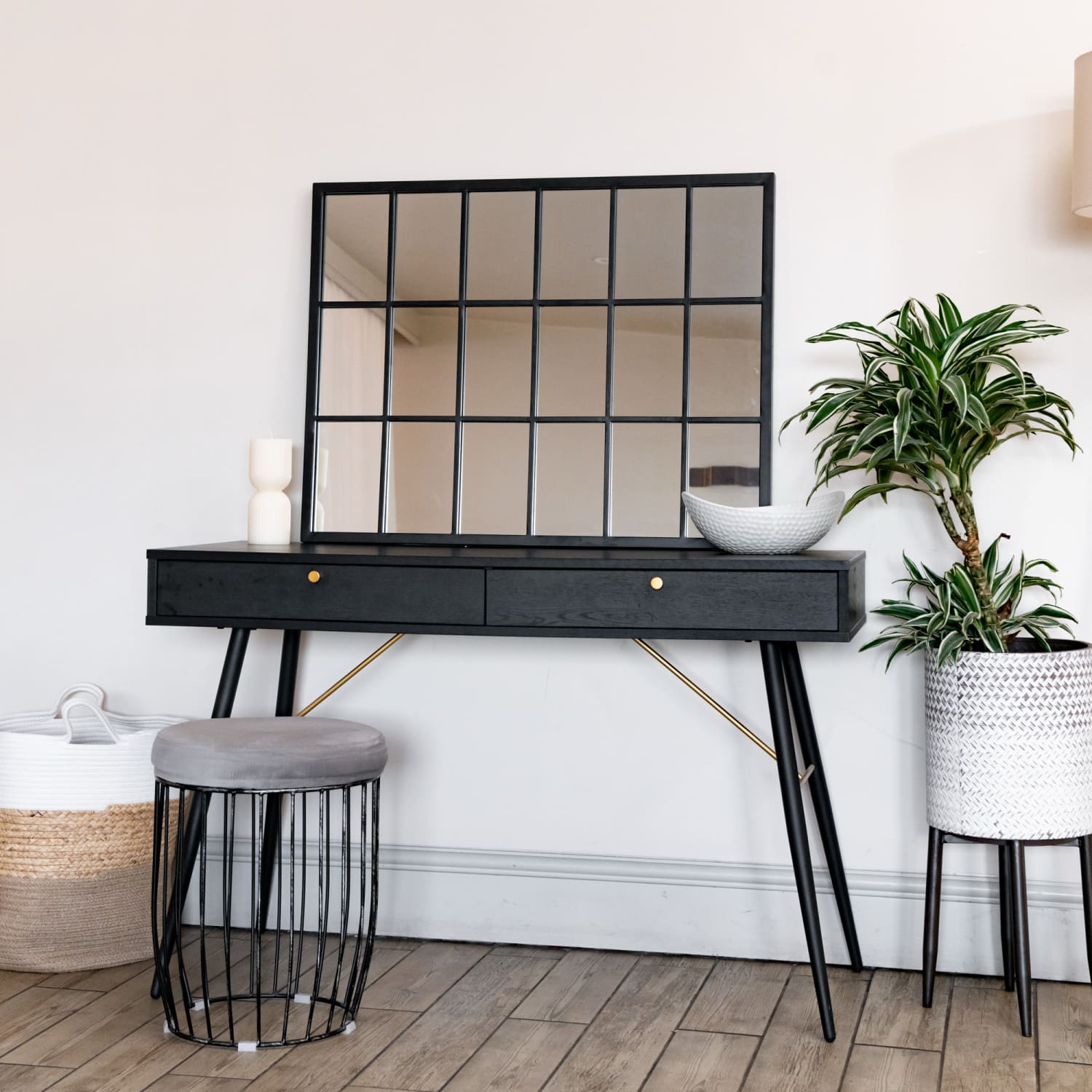 Kyō - Black Metal Rectangle Lattice Window Mirror - 90cm x 70cm-2