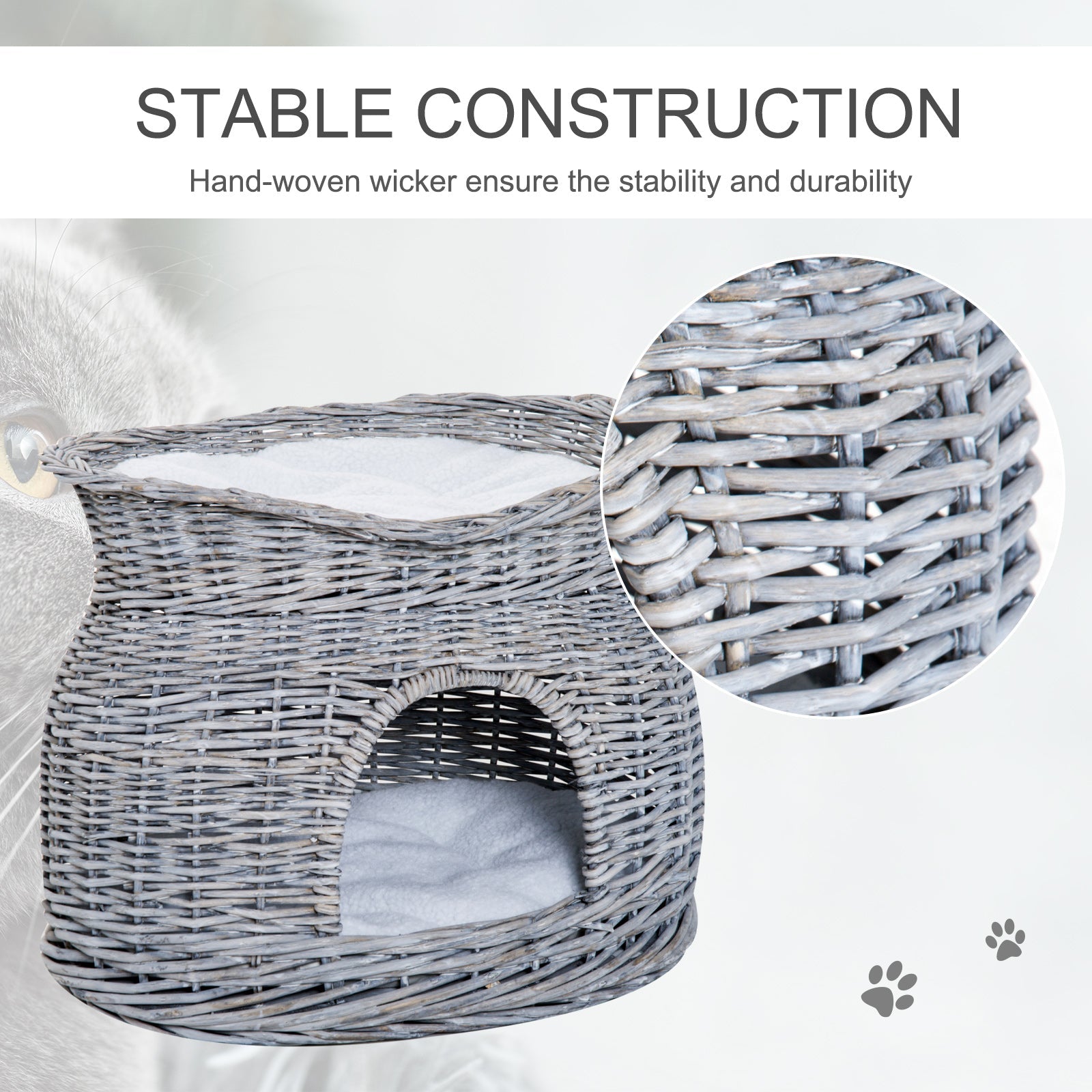 2-Tier Wicker Cat House Elevated Pet Bed Basket Willow Kitten Tower Pet Den. with Washable Cushions 56x37x40cm Grey-3